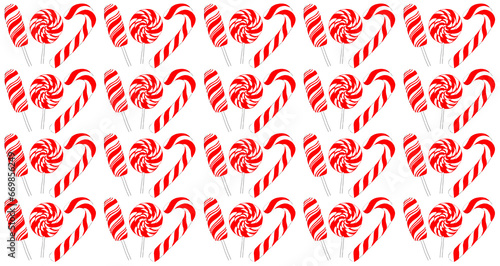 A pattern of lollipops on a stick of different shapes on a white background. Rectangular, round and hook-shaped. Popsicles in a red and white stripe. Form a repeating group of three candies.