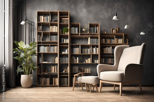 Bookcase with armchair in modern interior of room