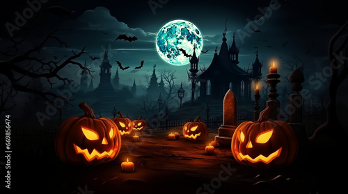 Halloween background with scary pumpkins candles in the graveyard at night with a castle dark background