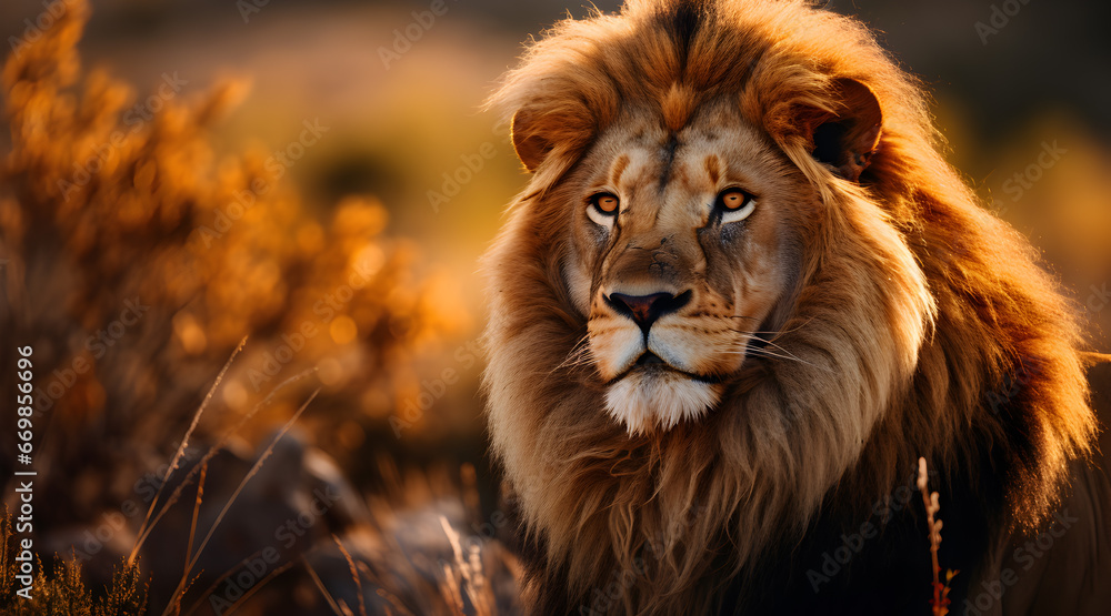 Close-up of a lion bathed in golden light, revealing details from its intense gaze to the rich texture of its mane against a sunlit savannah backdrop.