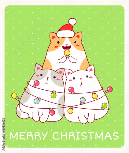 Merry Christmas card with three funny fat cats wrapped xmas garland. Vertical Christmas card with lovely cat. Vector illustration EPS8