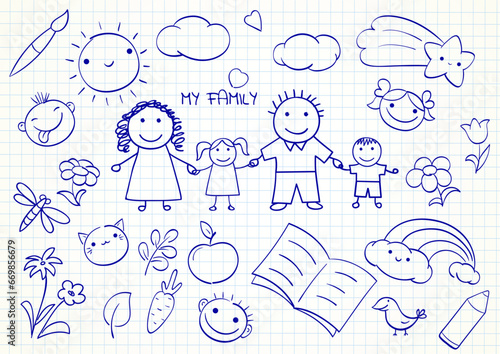 My family. Set of cute hand drawn sketches. Collection of funny sketch on notebook page - mom  dad  son and daughter. Love  parenthood  childhood and relationship concept. Vector illustration EPS8