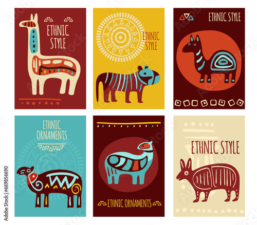 Set of eye-catching ethnic banner, background, flyer, placard with tribal ornaments of red, yellow, blue and brown colors. Vertical vector poster, template card, sticker with geometric patterns and an