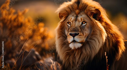 Close-up of a lion bathed in golden light, revealing details from its intense gaze to the rich texture of its mane against a sunlit savannah backdrop. © Jan