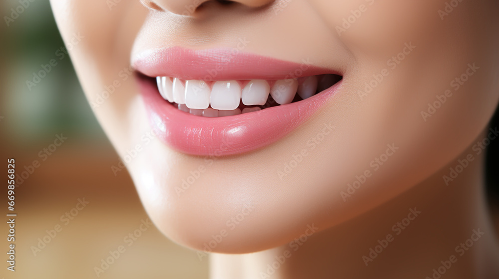 Fototapeta premium Beautiful female smile after teeth whitening procedure. Dental care. Dentistry concept.