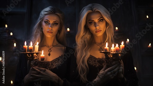 Step into a dark fantasy realm as two Halloween girls don mesmerizing fancy dress costumes. They embody haunting figuratism in the style of devilcore  set against a striking light brown.