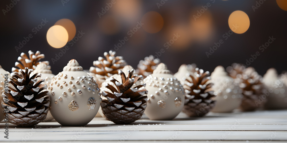 Rustic Christmas Decor on Wooden Background. Wooden Christmas Background with Festive Decorations