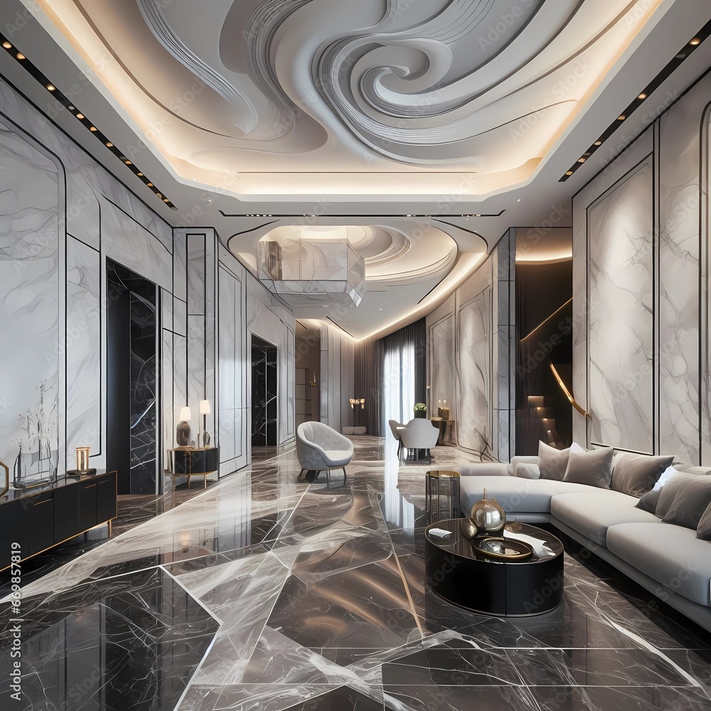 interior house decorated with white and dark brown Italian marble. The graceful line of the marble gives a sophisticated feel to the space. Generative Al