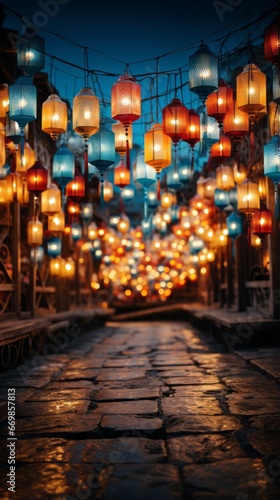 Wallpaper of Intricately Decorated Lanterns Illuminating a Night Market, Generative AI