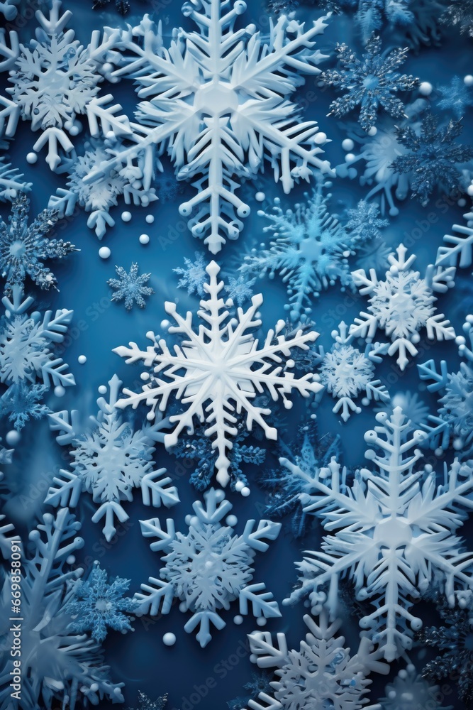 A collection of snowflakes scattered on a blue surface. This image can be used to depict winter, weather, cold, or holiday themes. A collection of snowflakes scattered on a blue surface. This image can be used to depict winter, weather, cold, or holiday themes.