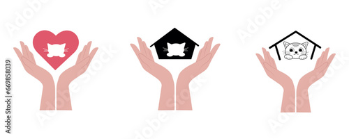 Human hands hold a heart, pet house. The cat is silhouetted. Cats are depicted in heart-shaped frames. Animal care adoption concept, animal shelter.
