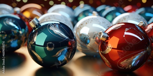 A close-up view of a group of Christmas ornaments. This image can be used to add festive decoration to holiday-themed designs.