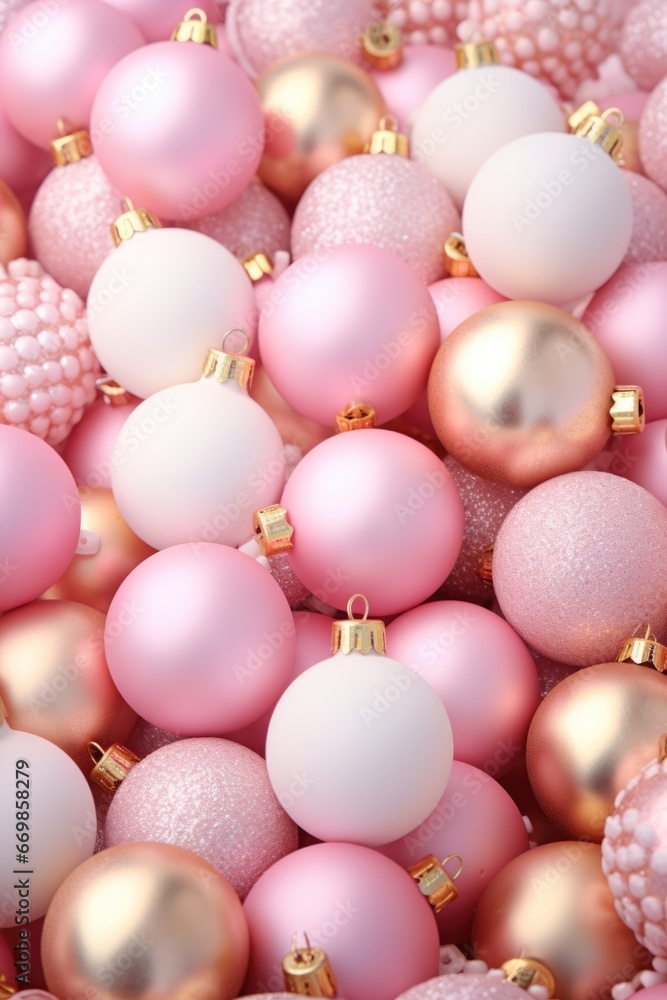 A pile of pink and white Christmas ornaments. Perfect for adding a touch of elegance and charm to your holiday decorations. A pile of pink and white Christmas ornaments. Perfect for adding a touch of elegance and charm to your holiday decorations.