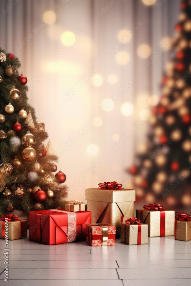 A festive Christmas tree with beautifully wrapped presents in front of it. Perfect for holiday-themed projects and designs. A festive Christmas tree with beautifully wrapped presents in front of it. Perfect for holiday-themed projects and designs.