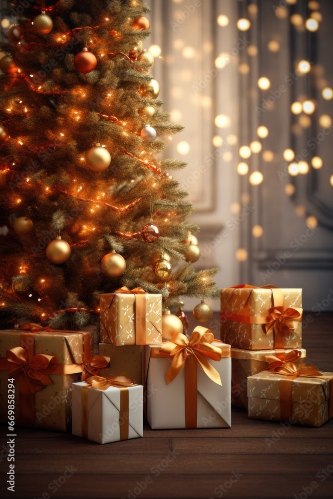 A festive Christmas tree with beautifully wrapped presents in front of it. Perfect for holiday-themed designs and advertisements.