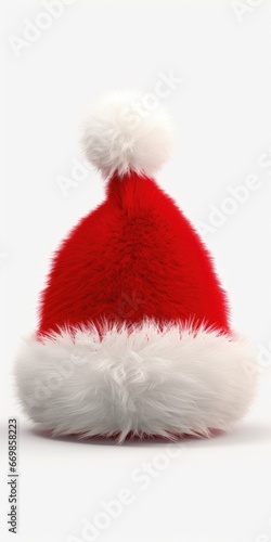 A red and white Santa hat placed on top of a table. Suitable for holiday-themed designs and Christmas decorations.