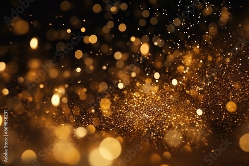A visually stunning black and gold background with an abundance of sparkling lights. Perfect for adding a touch of glamour and elegance to any project or design. photo