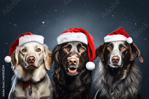 Three dogs wearing Santa hats on a dark background. Perfect for holiday-themed projects and advertisements.
