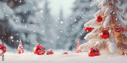 A picture of a Christmas tree adorned with red ornaments standing in the snow. Perfect for holiday-themed designs and winter-related concepts.