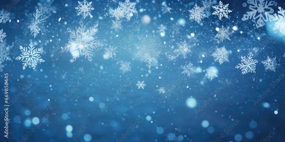 A beautiful blue background with snowflakes and bokeh. Perfect for winter-themed designs and holiday decorations.