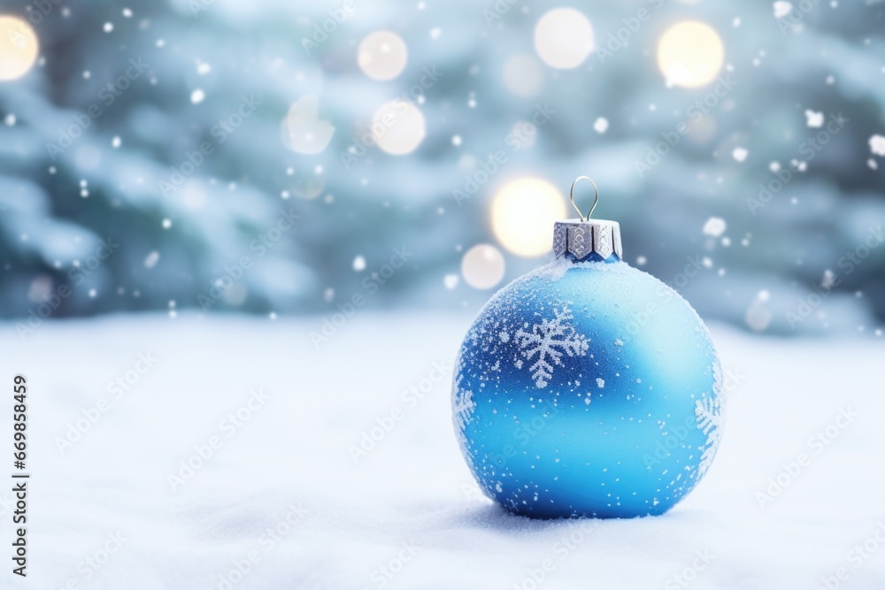 A blue Christmas ornament sitting in the snow. Perfect for holiday-themed designs and winter-themed projects. A blue Christmas ornament sitting in the snow. Perfect for holiday-themed designs and winter-themed projects.