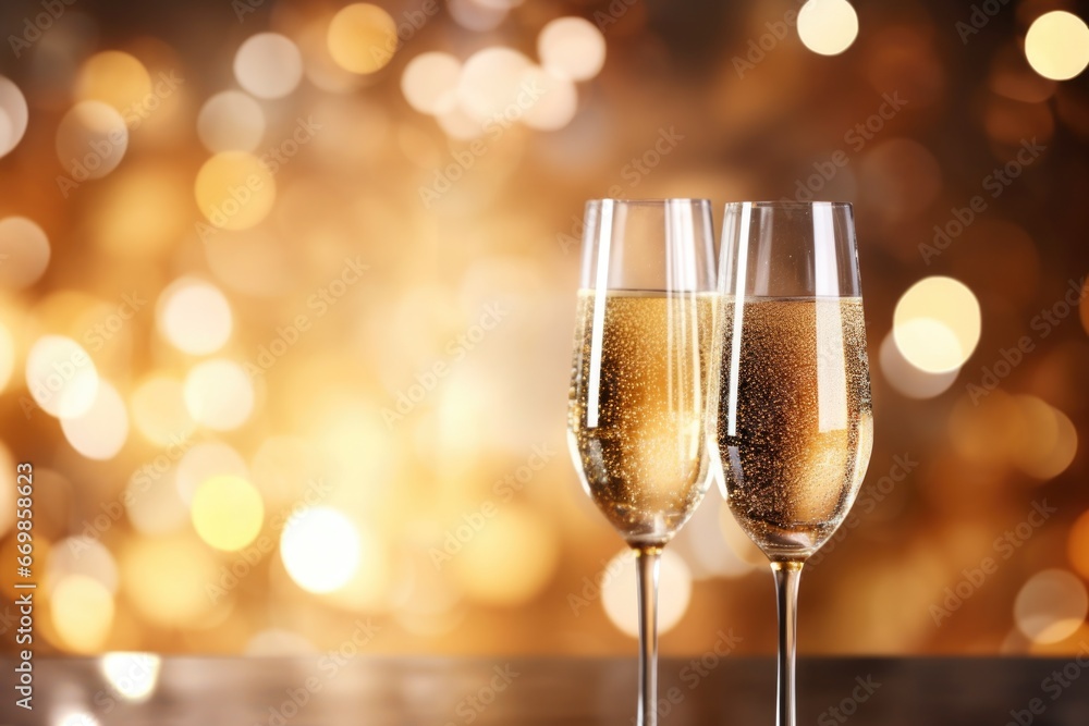 Two glasses of champagne sitting on a table. Perfect for celebrations and toasting special occasions. Two glasses of champagne sitting on a table. Perfect for celebrations and toasting special occasions.