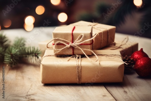 A pile of beautifully wrapped presents sitting on top of a rustic wooden table. Perfect for holiday, birthday, or special occasion themes.