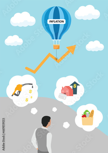 Inflation vector design with Person thinking with money house credit commodity and grocery 
