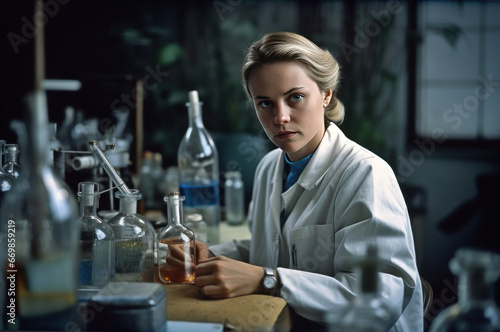 Woman chemist at work in chemist's white coat , sitting near table with a lot of bottles, flasks, jars in laboratory
