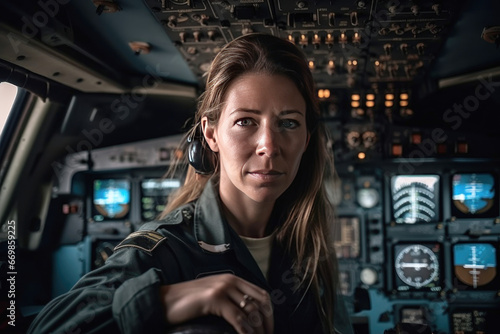 Portrait of woman pilot sitting inside the plane cabin