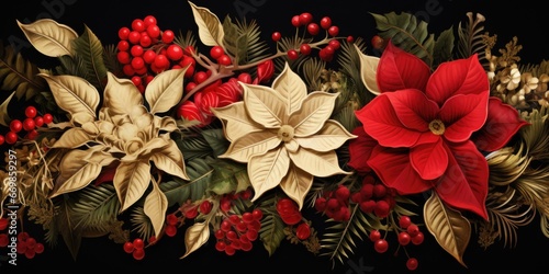 A detailed view of a Christmas decoration featuring poinsettias and berries. This image can be used to enhance holiday-themed designs and decorations. photo