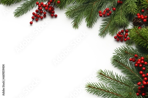 A close-up view of a pine branch with vibrant red berries and pine cones. This image can be used to add a festive touch to holiday designs or to showcase the beauty of nature.