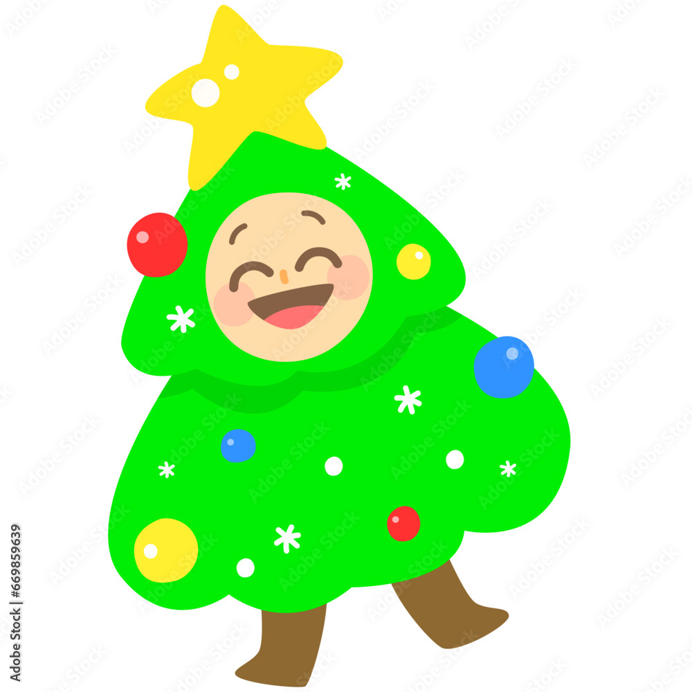 Cute Hand Drawn Smiling Happy Dancing Man in Christmas Tree Costume Character Vector Cartoon Illustration Cute Hand Drawn Smiling Happy Dancing Man in Christmas Tree Costume Character Vector Cartoon Illustration