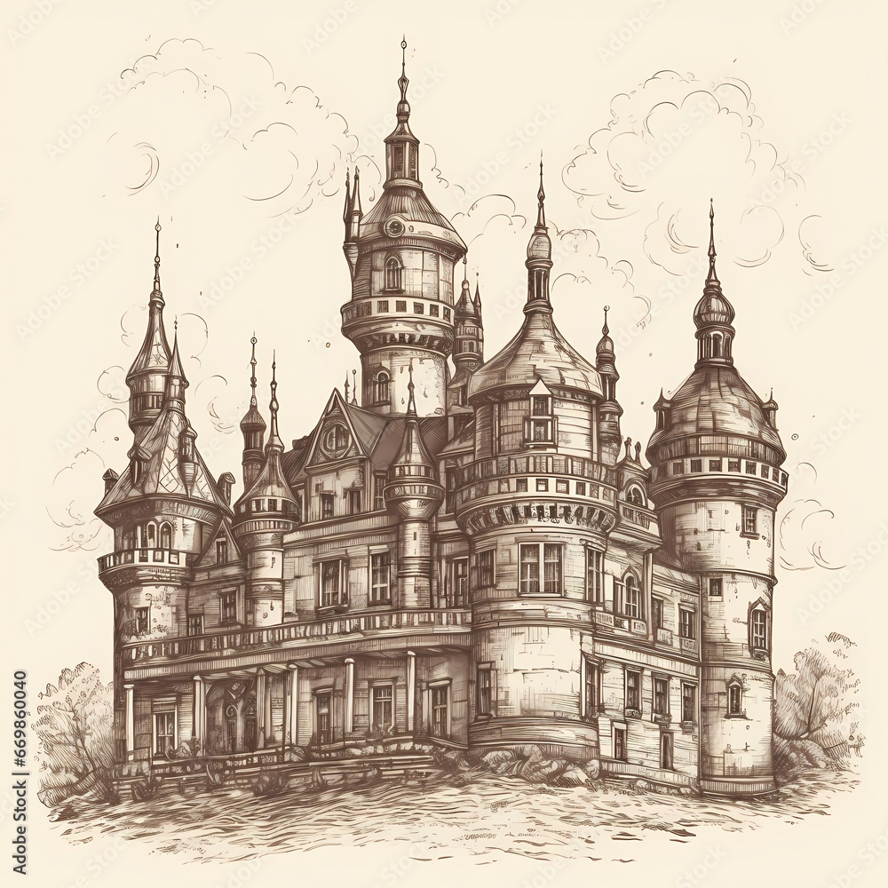 Europe style castle in rough hand drawn style using black ink on white paper
