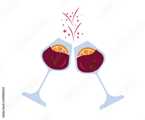 Two glasses of wine, mulled wine with splashes. Transparent cartoon glasses, red wine, stars and splashes from the collision of glasses. For cards for Christmas, New Year, St. Valentine. Vector