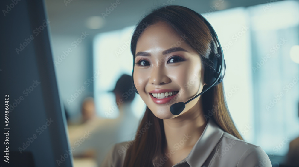 Asian young woman call center working in the office Asian young woman call center working in the office