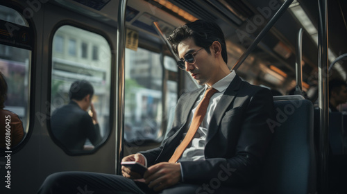 Bangkok, young businessman traveling by electric train inside view