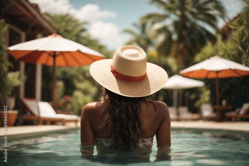 Back view of young woman in hat standing in swimming pool at resort