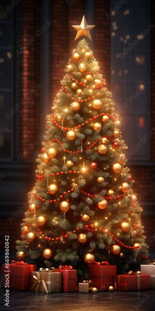 A festive Christmas tree surrounded by beautifully wrapped presents. This image can be used to celebrate the holiday season and the joy of gift-giving