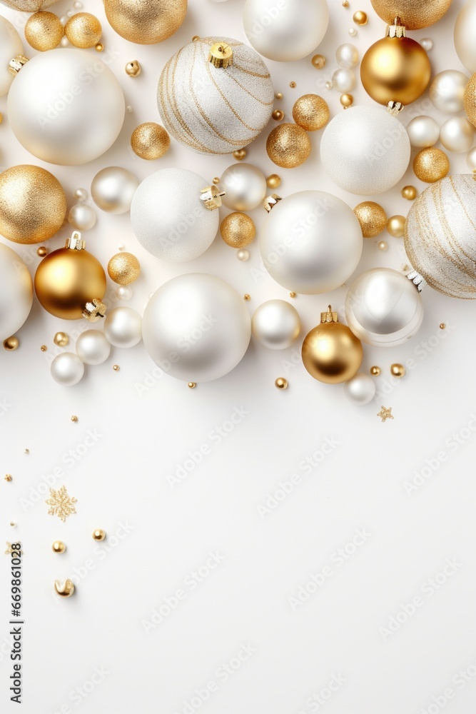 A pile of white and gold Christmas ornaments. Perfect for festive holiday decorations A pile of white and gold Christmas ornaments. Perfect for festive holiday decorations