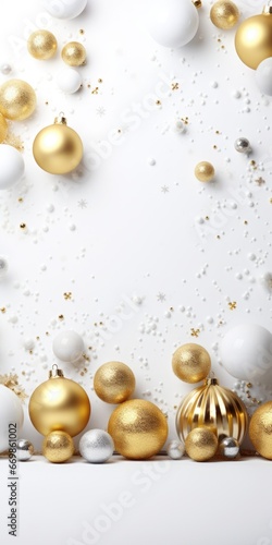 A beautiful white and gold Christmas background adorned with festive ornaments. Perfect for holiday-themed designs and decorations