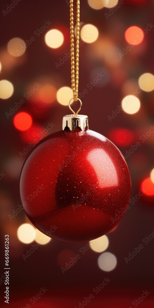 Fototapeta premium A beautiful red Christmas ornament hanging from a shiny gold chain. This festive decoration can be used to add a touch of holiday cheer to any setting
