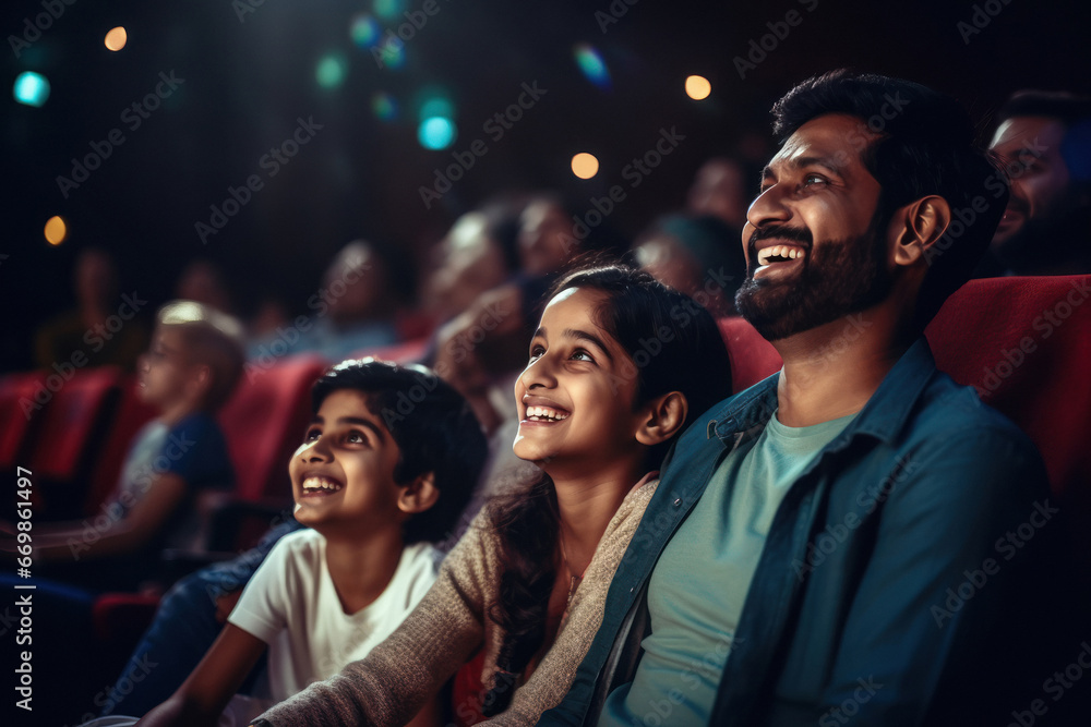 Indian family watching movie in theaters - obrazy, fototapety, plakaty 