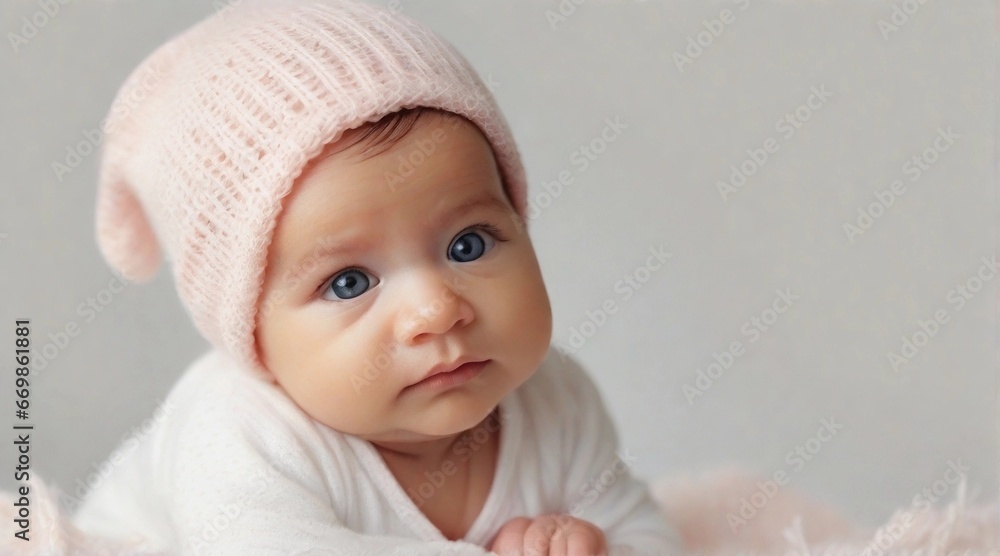 Cute newborn baby girl against white background with space for text, children background image, AI generated Cute newborn baby girl against white background with space for text, children background image, AI generated