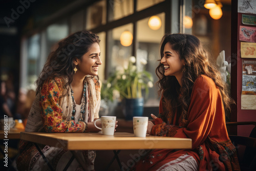 Two indian women discussing to each other at restaurant. photo