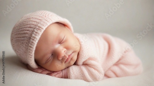 Cute newborn baby girl against white background with space for text, children background image, AI generated