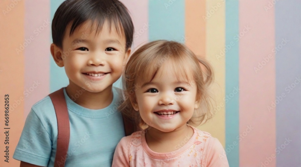 Smiling toddler boy and girl against colorful pastel background with space for text, children background image, AI generated Smiling toddler boy and girl against colorful pastel background with space for text, children background image, AI generated