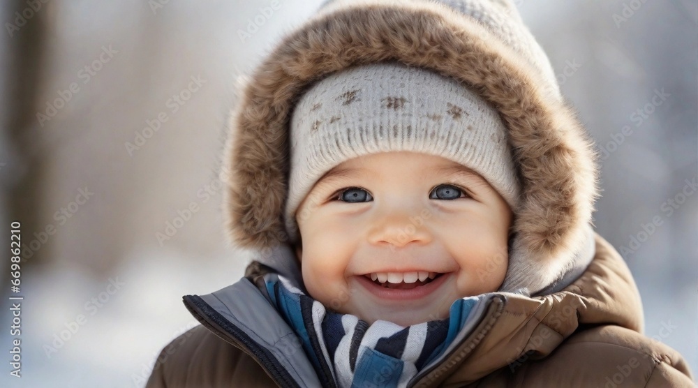 A Smiling toddler boy against winter ambience background with space for text, children background image, AI generated A Smiling toddler boy against winter ambience background with space for text, children background image, AI generated