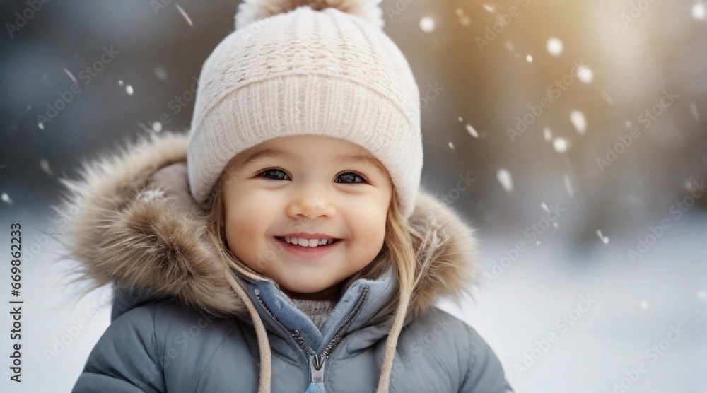 A Smiling toddler girl against winter ambience background with space for text, children background image, AI generated A Smiling toddler girl against winter ambience background with space for text, children background image, AI generated