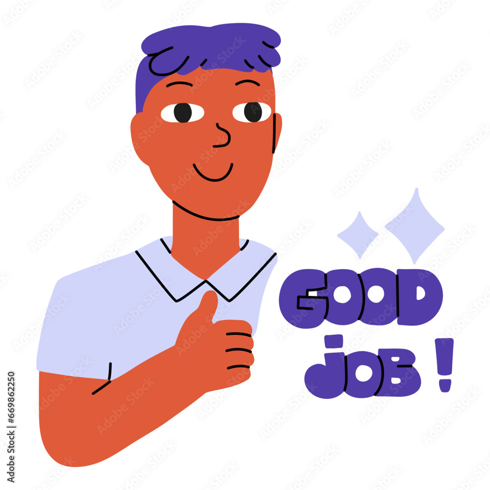 Guy with thumbs up and sign good job. Cartoon vector Illustration in violet and orange colours isolated on white background Guy with thumbs up and sign good job. Cartoon vector Illustration in violet and orange colours isolated on white background